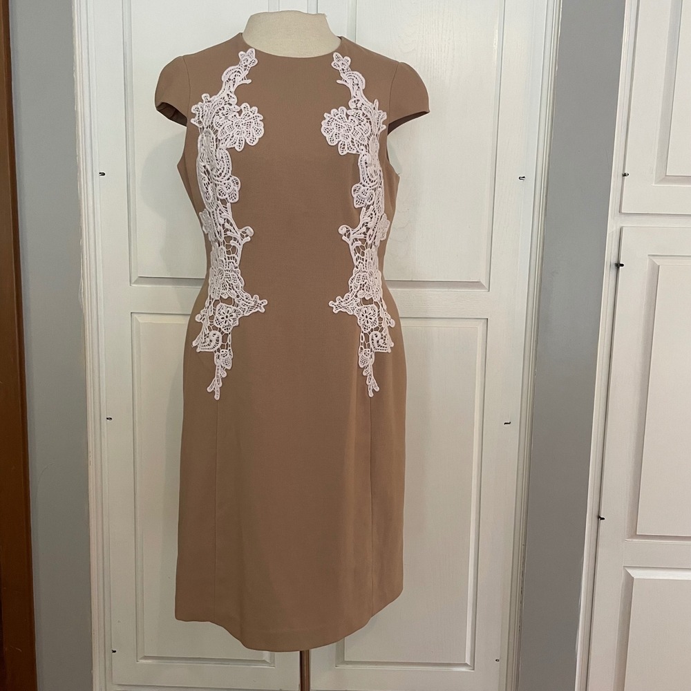 Anne Klein Dress size 12P womens Tan‎ Beige Sheath Lace Petite Career Party